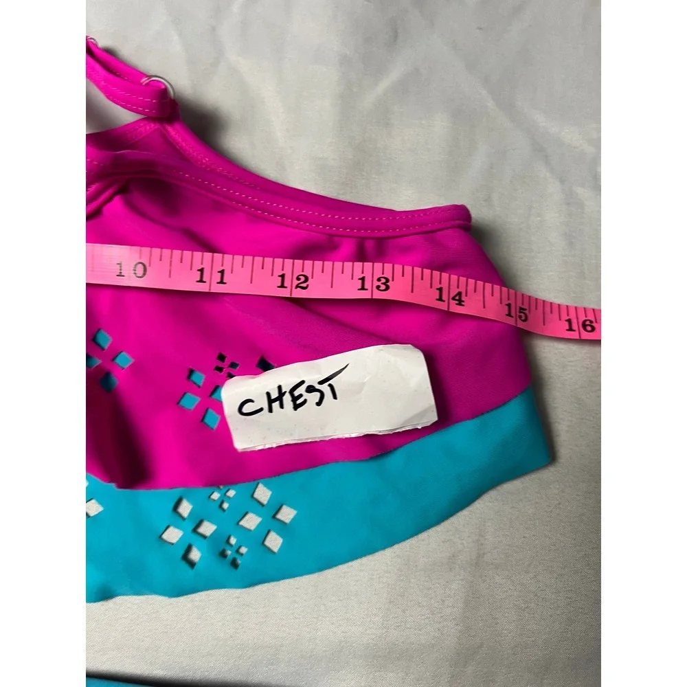 Total Tropics Girls Pink Turquoise Laser Cut Ruffle Bikini Swimsuit Set Size 12